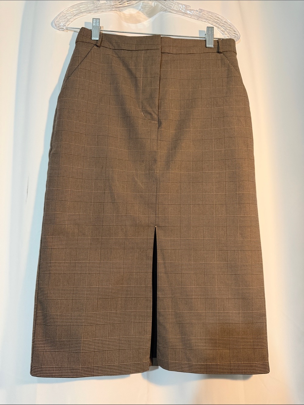 Banana Republic Factory Glen Plaid brown Pencil Midi Skirt with Front Slit B5